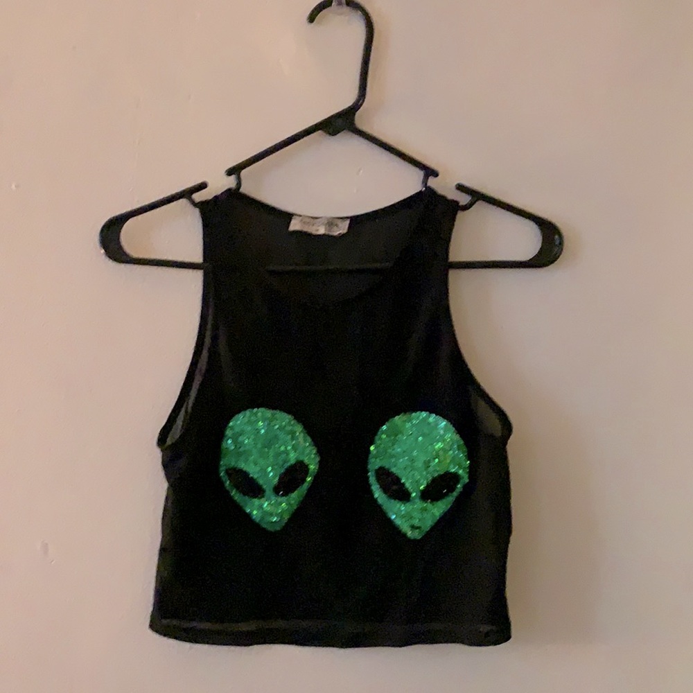 Sheer Sleeveless Sequined Alien Boob Crop Top
